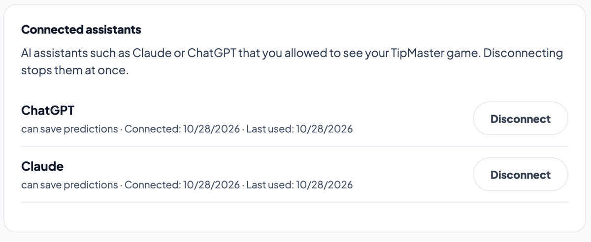 Connected assistants on the TipMaster account page