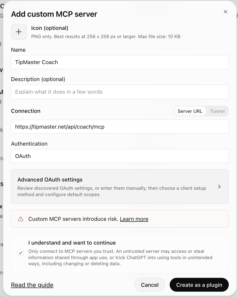 Adding TipMaster Coach as a custom MCP server in ChatGPT